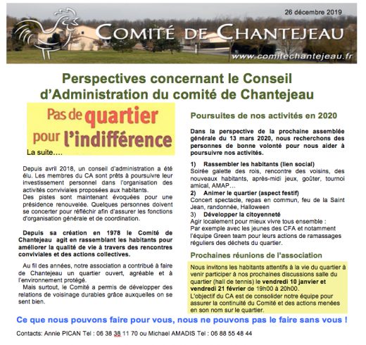 Perspectives concernant le Conseil d’Administration du comité de Chantejeau